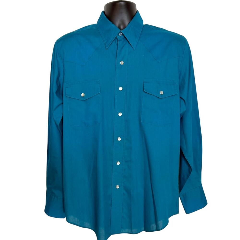VINTAGE MALCO MODES WESTERN PEARL SNAP SHIRT MENS 16 34 TEAL TURQUOISE USA RODEO